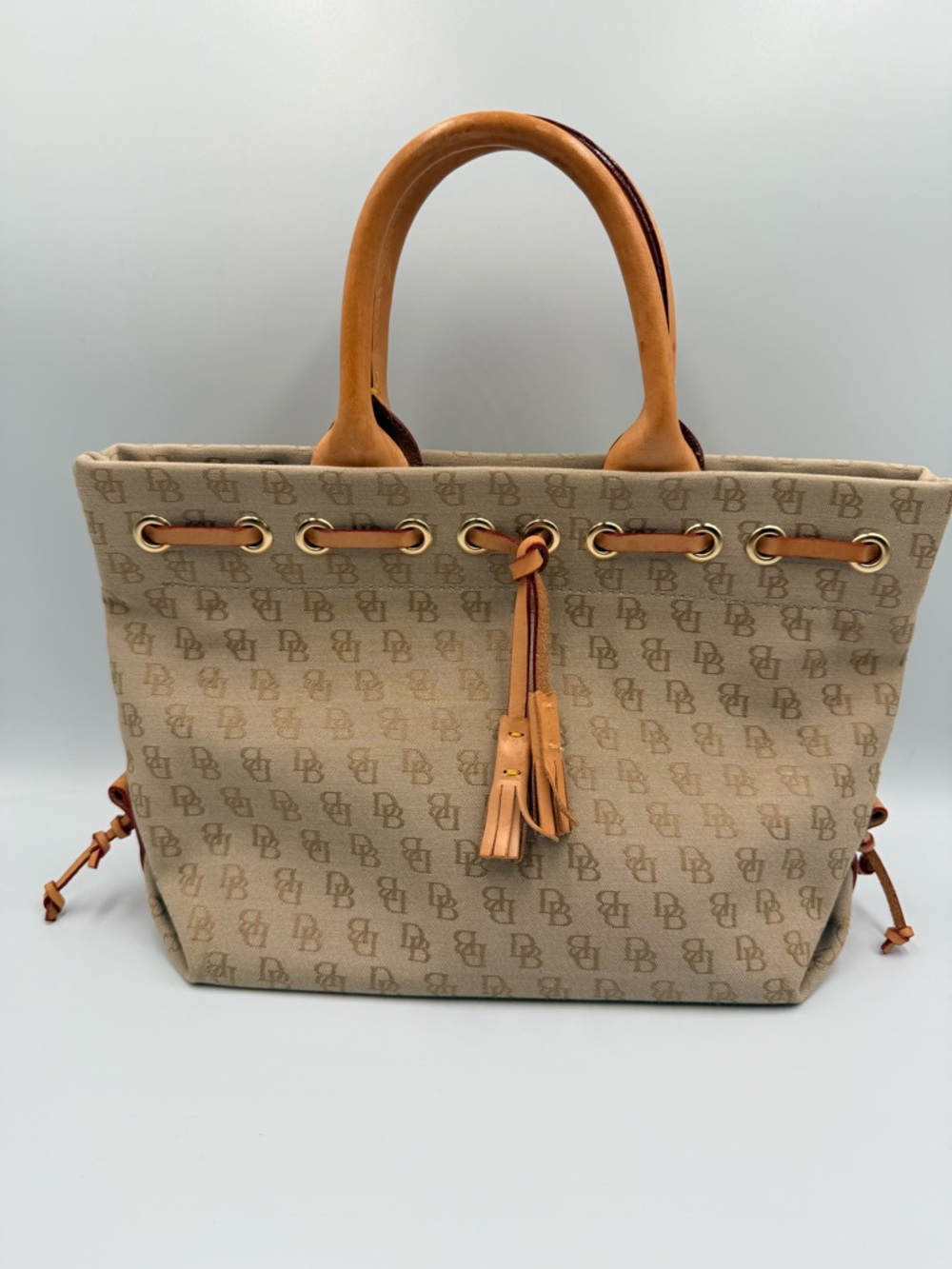 Vintage Dooney & Bourke Monogram Tote Khaki Tan Canvas Leather Trim Shoulder Bag